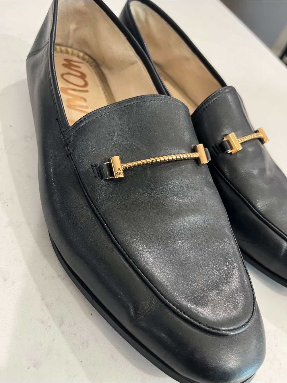 Sam Edelman Black Leather Loafers with Gold Bit Detail